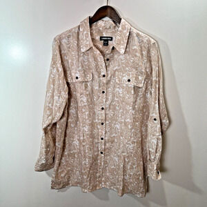 Lands End‎ Women's Hawaiian Linen Blouse Long Sleeve Size XL P 18 Beachy Floral
